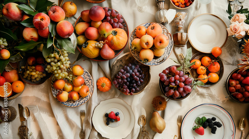 flat lay image of table with plates vases of ripe fruits on table, antique rome style feast