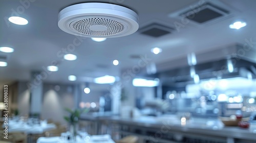Modern Smoke Detector Installed in a Well-Lit Restaurant Kitchen Interior