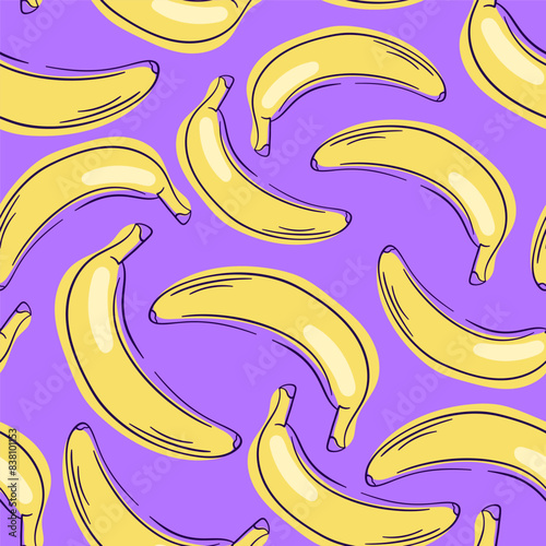 Banana seamless pattern in line art style. Design for wrapping paper, banner, poster, print. Vector illustration on a violet background.