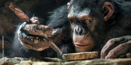 Primate Skillfully Carving Wood