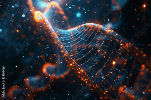 Abstract representation of DNA molecule with orange and blue glowing strands and particles, symbolizing genetic science and biotechnology.