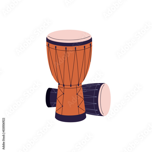 Wooden djembe icon. Jembe, goblet drum, bongo. Ancient traditional African percussion instrument. Leather membranophone to play music, rhythm. Flat isolated vector illustration on white background