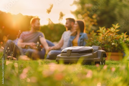 The couple sitting in the background with their friend appreciated the smooth operation of the robot lawn mower, which allowed them to relax without interruption