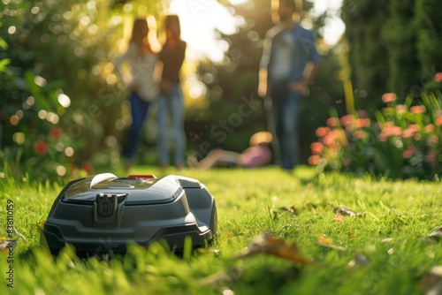 The couple sitting in the background watched with fascination with his friend as the robot lawn mower maneuvered around obstacles while efficiently mowing the lawn
