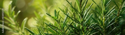 close up of rosemary needles, focus on the sharp, green texture, fragrant and strong theme, ethereal, Overlay, Mediterranean backdrop