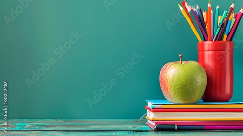 Modern desk with colorful books, pencils and an apple on a green background. Back to school concept. Space for text
