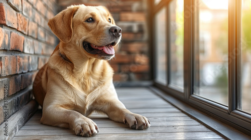 Calm Golden Retriever lying down by a sunlit window, reflecting a serene and thoughtful mood in a cozy urban setting