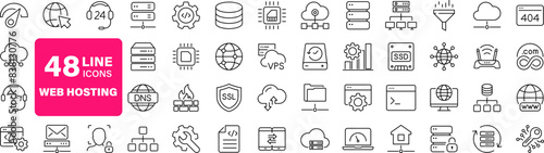 Web hosting set of web icons in line style. Hosting and cloud computing icons for web and mobile app. Containing webspace, data exchange, domain, cloud, website, server, traffic and service and more