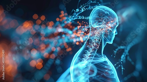A glowing, digital human silhouette with a visible spine and brain, surrounded by a blue and orange bokeh background, representing the concept of human connection and data transfer.