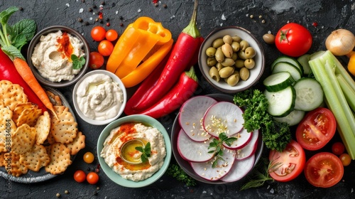 Healthy snack spread with assorted vegetables, hummus, and other dips, fresh and vibrant, bright and airy, clean background, nutritious and wholesome, high-resolution