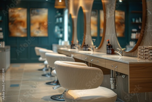 An upscale hairdressing salon setting with comfortable chairs, mirrors, and a calm ambiance