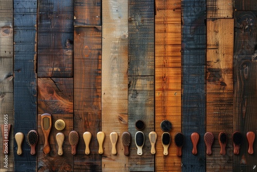 An array of hair brushes of different types aligned on a rustic wooden wall background for a fashionable look