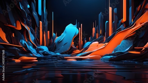 An immersive abstract backdrop with a futuristic vibe, showcasing neon blue and orange glows against a dark canvas, adding depth and vibrancy to the scene.