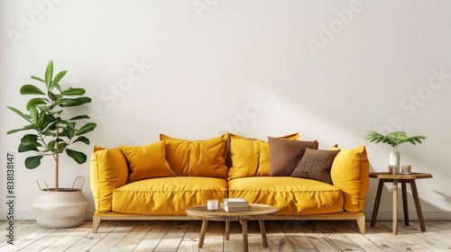 Interior of yellow sofa and wooden table with plant and white wall. 3D model