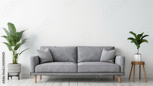 Gray sofa in a Scandinavian living room with white walls.