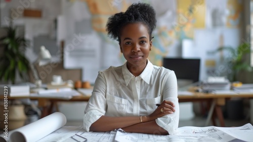 This is a picture of a female architect sitting at her office desk and working with blueprints, cadastral maps and city plans. A black woman is studying information and developing a new architecture.