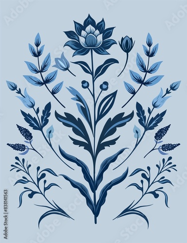 Vintage card (composition) of folk botanical elements in the Delft Blue style on a blue background. Digital illustration for wedding design, branding, scrapbooking