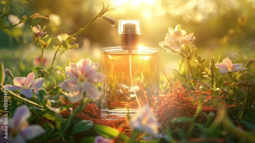 A bottle of perfume surrounded by jasmine and saffron