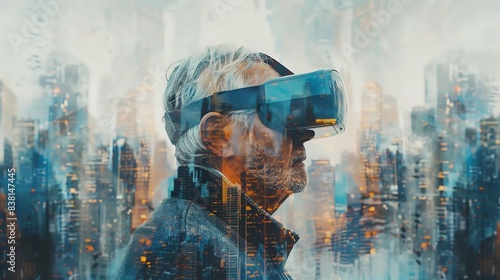 Elderly man wearing VR headset, futuristic cityscape background.