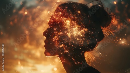 Abstract portrait of a woman with a fiery, celestial head. The image evokes feelings of passion, power, and cosmic energy.