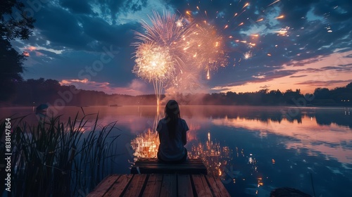 A lone figure sits by a lake, watching fireworks explode over the water. The sky is filled with color and light, creating a magical scene.