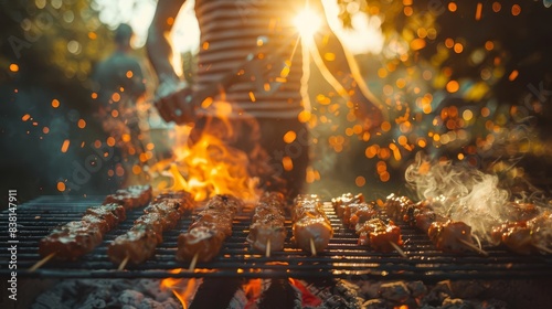 A person grilling kebabs over a hot fire during a summer barbecue. The flames and smoke create a warm and inviting atmosphere.