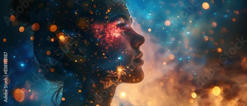 A woman's face is obscured by a swirling nebula of color and light.