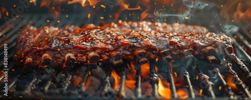 Close-up of meat grilling over hot coals on a barbecue grill.