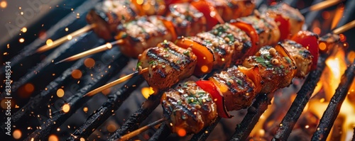 Close-up of skewers with grilled meat and vegetables.