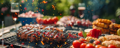 Grilled food on a barbecue with tomatoes, peppers, and sausages.
