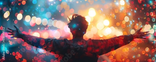 Silhouette of a person with arms outstretched, surrounded by vibrant, blurred lights.