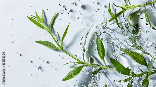 Delicate tarragon leaves with water splashes creating a lively effect on a clean white backdrop