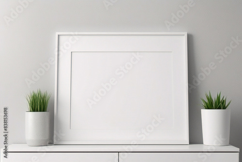 窓の光と影を持つ白い壁の背景に掛かっている最小限の空の正方形の白いフレーム画像のモックアップ。画像を分離する 
