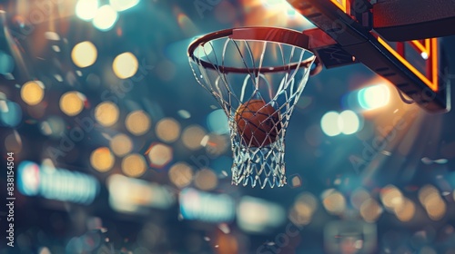 Dynamic basketball scene, ball swishing through net close up. Orange basket ball goes into sport hoop closeup. Competitive concepts. Excitement and energy of successful. Team win game. Active action.