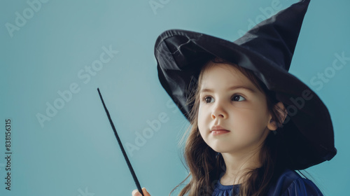 Young witch with wand imagines magical possibilities against a blue background.