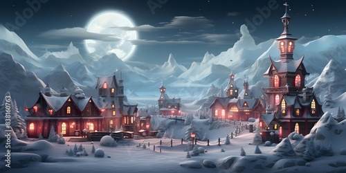 Winter village in mountains at night. Panoramic view. 3d render