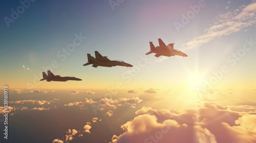 Fighter jets soaring through the sky at dawn with vibrant clouds.