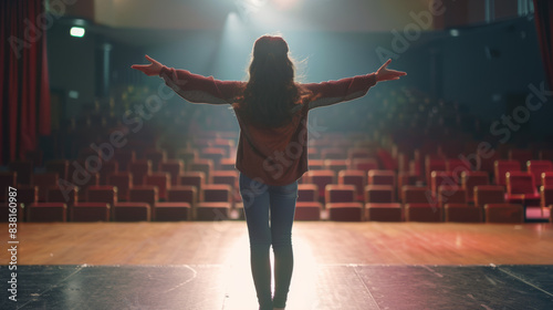 A silhouette of an aspiring performer stands center stage, facing an empty theater with open arms.