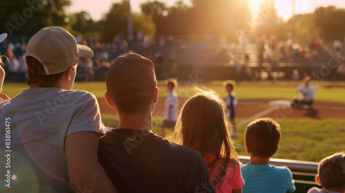 Golden hour at a baseball game; back view of a family enjoying the play.