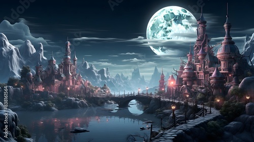 Fantasy landscape with river and city at night. 3d rendering