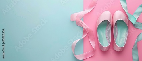 Ballet slippers and ribbons on a pastel split background, pink and turquoise hues, minimalistic style, spacious for text 8K , high-resolution, ultra HD,up32K HD