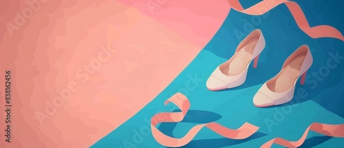 Ballet slippers with pastel ribbons on a pink and turquoise backdrop, minimalistic style, soft hues, spacious for text