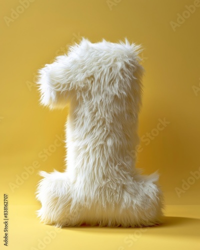 white number one made of fur, fluffy element on yellow background in 3D style. card for your design.