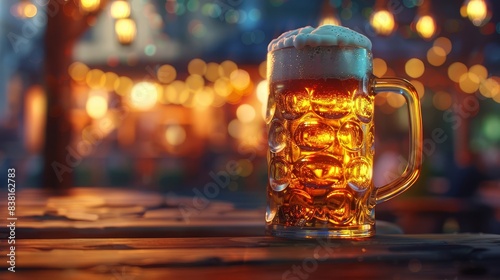A frothy pint of traditional German beer in a stein set against a backdrop of Oktoberfest decorations close up celebration theme vibrant overlay beer tent backdrop
