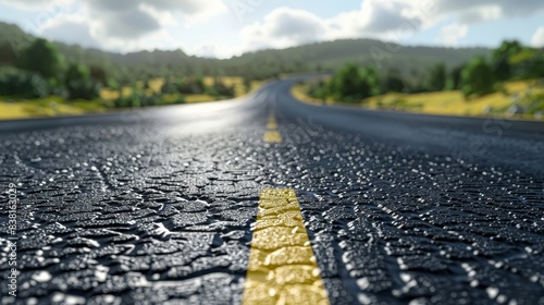 Closeup of a newly paved highway with clear lane markings emphasizing the smooth surface and precision focus on infrastructure theme realistic overlay rural road backdrop