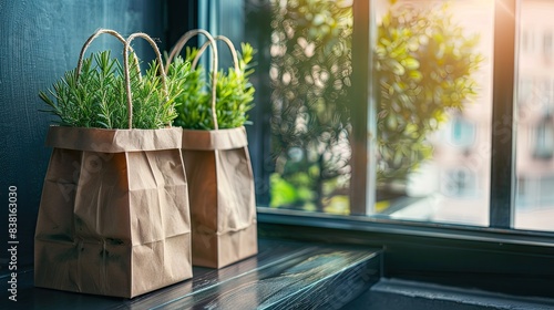 Ecofriendly paper bags used as planters for growing herbs like rosemary, thyme and oregano on the windowsill of an apartment in an urban city.