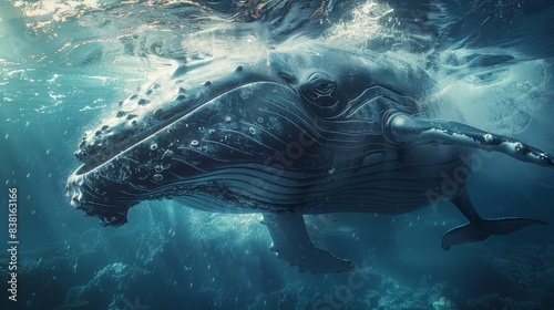 Humpback whale singing underwater capturing sound waves and communication close up vocalization theme ethereal composite underwater world backdrop. blender style