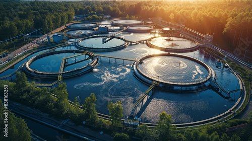 Modern sludge treatment and management area within a wastewater treatment plant emphasizing resource recovery selective focus wastetoenergy theme dynamic blend mode processing area