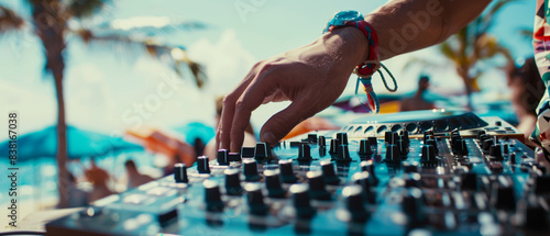 A DJ's hand fine-tuning music on a vibrant beach party mixer under the summer sun.