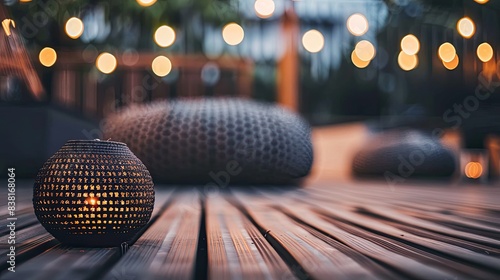 Black rattan sofa, round woven ottoman and striped carpet on a wooden terrace with fairy lights in the background. Scandinavian summer garden or courtyard.